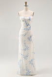 White Blue Floral Sheath Spaghetti Straps Long Bridesmaid Dress