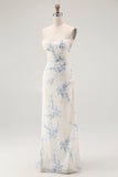 White Blue Floral Sheath Spaghetti Straps Long Bridesmaid Dress