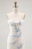 White Blue Floral Sheath Spaghetti Straps Long Bridesmaid Dress