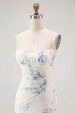 White Blue Floral Sheath Spaghetti Straps Long Bridesmaid Dress
