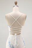 White Blue Floral Sheath Spaghetti Straps Long Bridesmaid Dress