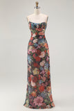 Black Sheath Spaghetti Straps Floral Long Wedding Guest Dress