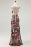 Black Sheath Spaghetti Straps Floral Long Wedding Guest Dress
