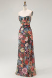 Black Sheath Spaghetti Straps Floral Long Wedding Guest Dress