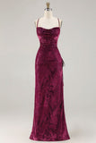 Burgundy Sheath Spaghetti Straps Maxi Velvet Formal Dress