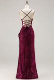 Burgundy Sheath Spaghetti Straps Maxi Velvet Formal Dress