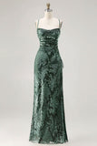 Burgundy Sheath Spaghetti Straps Maxi Velvet Formal Dress