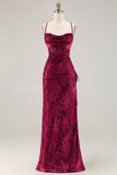 Dark Green Sheath Spaghetti Straps Maxi Velvet Bridesmaid Dress