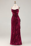 Dark Green Sheath Spaghetti Straps Maxi Velvet Bridesmaid Dress