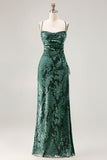 Dark Green Sheath Spaghetti Straps Maxi Velvet Bridesmaid Dress