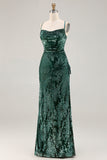 Dark Green Sheath Spaghetti Straps Maxi Velvet Bridesmaid Dress
