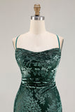 Dark Green Sheath Spaghetti Straps Maxi Velvet Bridesmaid Dress