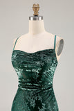 Dark Green Sheath Spaghetti Straps Maxi Velvet Bridesmaid Dress