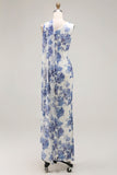 Blue Floral Neck Scarf Sheath Maxi Bridesmaid Dress