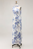 Blue Floral Neck Scarf Sheath Maxi Bridesmaid Dress