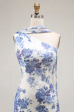 Blue Floral Neck Scarf Sheath Maxi Bridesmaid Dress