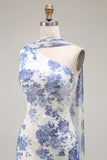 Blue Floral Neck Scarf Sheath Maxi Bridesmaid Dress
