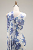 Blue Floral Neck Scarf Sheath Maxi Bridesmaid Dress