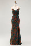 Dark Green Spaghetti Straps Mermaid Long Velvet Wedding Guest Dress with Slit