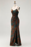 Dark Green Spaghetti Straps Mermaid Long Velvet Wedding Guest Dress with Slit