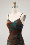 Dark Green Spaghetti Straps Mermaid Long Velvet Wedding Guest Dress with Slit