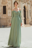 Sage Green A-Line Off the Shoulder Chiffon Long Bridesmaid Dress with Sleeves