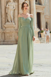 Sage Green A-Line Off the Shoulder Chiffon Long Bridesmaid Dress with Sleeves
