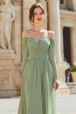 Sage Green A-Line Off the Shoulder Chiffon Long Bridesmaid Dress with Sleeves
