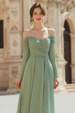 Sage Green A-Line Off the Shoulder Chiffon Long Bridesmaid Dress with Sleeves