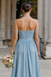 Dusty Blue Strapless Chiffon Neck Scarf A-Line Long Bridesmaid Dress