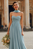 Dusty Blue Sweetheart Chiffon A-Line Ruched Maxi Bridesmaid Dress