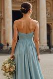 Dusty Blue Sweetheart Chiffon A-Line Ruched Maxi Bridesmaid Dress