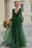Dark Green Tulle V-Neck A-Line Maxi Bridesmaid Dress with Sleeves