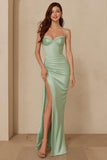 Dusty Sage Satin Spaghetti Straps Mermaid Long Bridesmaid Dress with Slit