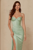 Dusty Sage Satin Spaghetti Straps Mermaid Long Bridesmaid Dress with Slit