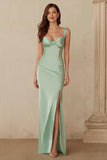 Dusty Sage Thick Straps Mermaid Satin Maxi Bridesmaid Dress with Slit