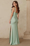 Dusty Sage Thick Straps Mermaid Satin Maxi Bridesmaid Dress with Slit