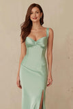 Dusty Sage Thick Straps Mermaid Satin Maxi Bridesmaid Dress with Slit