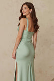 Dusty Sage Thick Straps Mermaid Satin Maxi Bridesmaid Dress with Slit