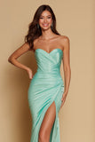 Mint Green Mermaid Sweetheart Satin Long Bridesmaid Dress with Slit