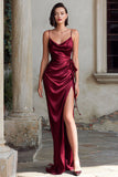Burgundy Spaghetti Straps Mermaid Satin Long Bridesmaid Dress with Slit