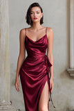 Burgundy Spaghetti Straps Mermaid Satin Long Bridesmaid Dress with Slit