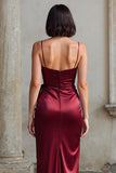 Burgundy Spaghetti Straps Mermaid Satin Long Bridesmaid Dress with Slit
