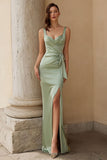 Dusty Sage Thick Straps Mermaid Satin Maxi Bridesmaid Dress with Bow