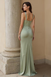 Dusty Sage Thick Straps Mermaid Satin Maxi Bridesmaid Dress with Bow