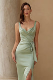 Dusty Sage Thick Straps Mermaid Satin Maxi Bridesmaid Dress with Bow