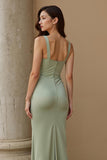 Dusty Sage Thick Straps Mermaid Satin Maxi Bridesmaid Dress with Bow