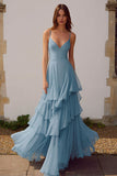 Dusty Blue Ruffled Spaghetti Straps Chiffon A-Line Long Bridesmaid Dress