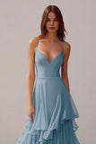 Dusty Blue Ruffled Spaghetti Straps Chiffon A-Line Long Bridesmaid Dress