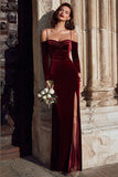 Burgundy Sheath Cold Shoulder Velvet Long Bridesmaid Dress with Sleeves